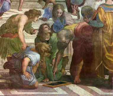 This is a detail from the fresco The School of Athens by RaphaelEuclid has been given the face of the architect BramanteYou can see the whole fresco
 