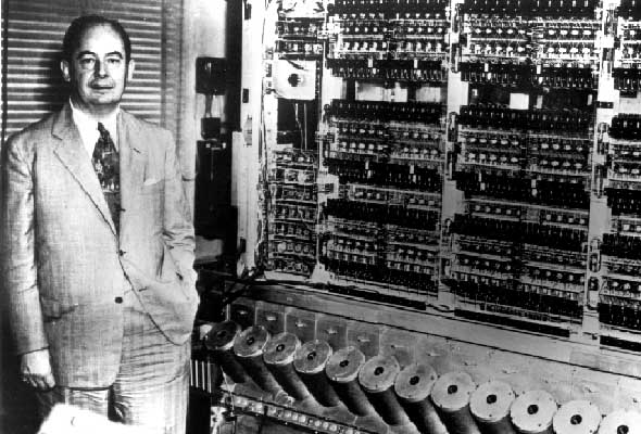 Von Neumann with the first Institute computer(Photograph by Alan Richards: Archives of the Institute for Advanced Study)
 